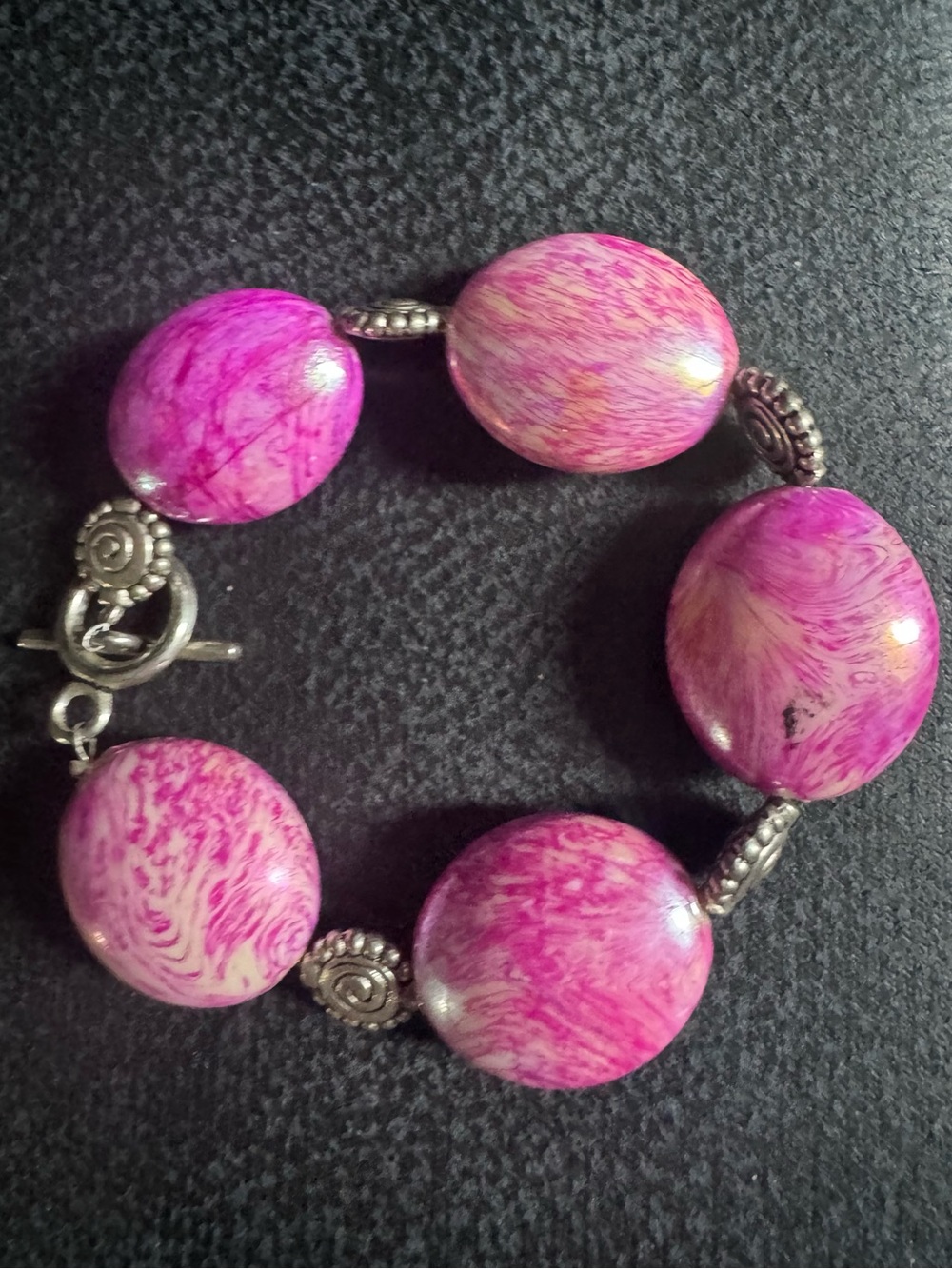Pink Marble Bead Bracelet with Silver Accents